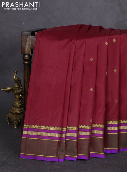 Pure kanchipram silk saree maroon and purple with zari woven buttas and zari woven border