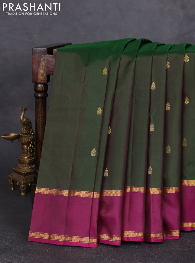 Pure kanchipram silk saree green and purple with zari woven buttas and rettapet zari woven border