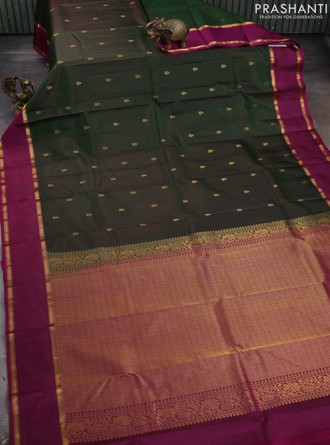 Pure kanchipram silk saree green and purple with zari woven buttas and rettapet zari woven border