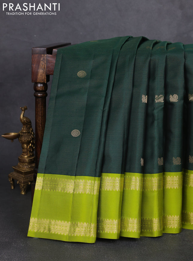 Pure kanchipram silk saree bottle green and light green with allover vairosi pattern & buttas and rettapet zari woven korvai border