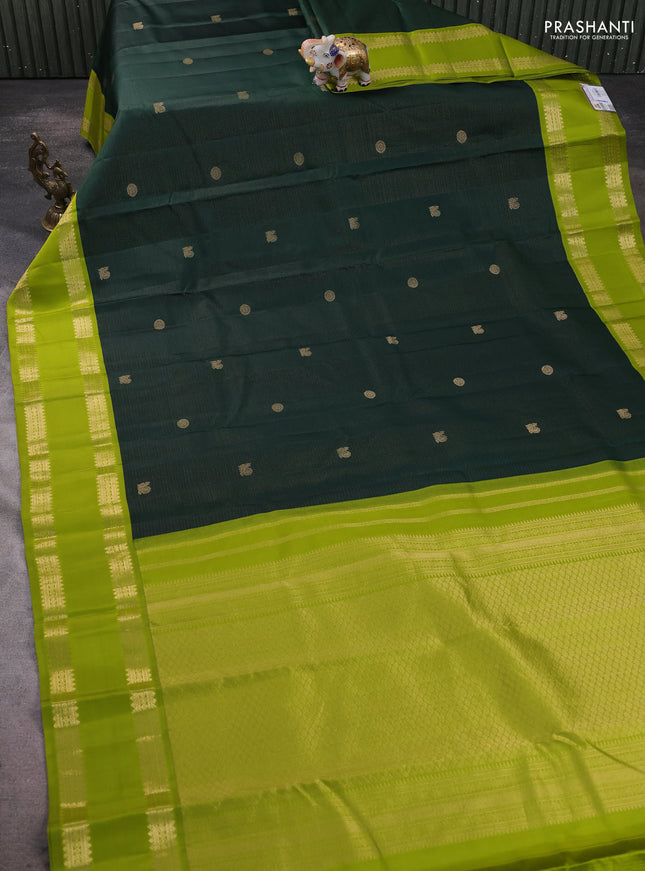 Pure kanchipram silk saree bottle green and light green with allover vairosi pattern & buttas and rettapet zari woven korvai border