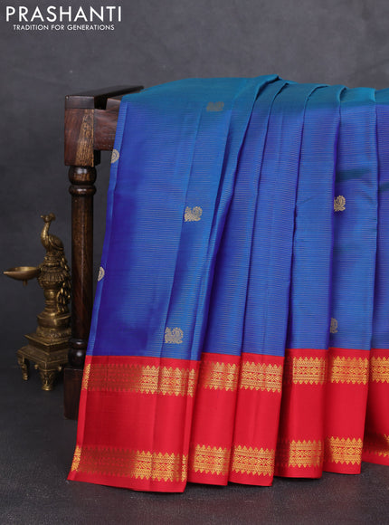 Pure kanchipram silk saree peacock blue and red with allover vairosi pattern and rettapet zari woven korvai border