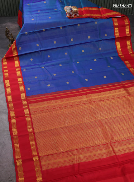 Pure kanchipram silk saree peacock blue and red with allover vairosi pattern and rettapet zari woven korvai border