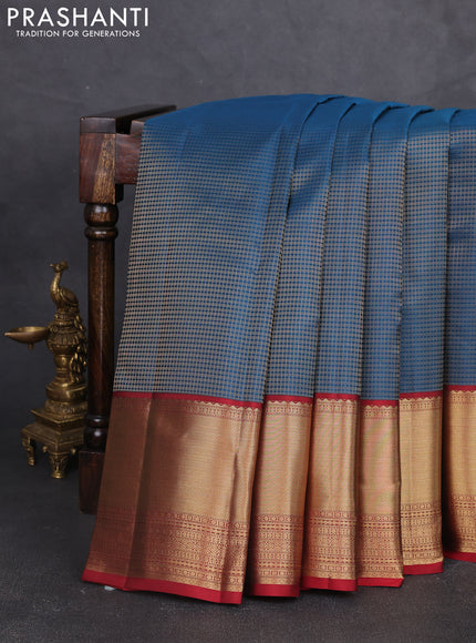 Pure kanchipram silk saree peacock green and maroon with allover small checked pattern and long zari woven korvai border