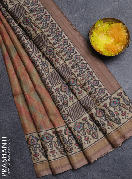 Art tussar saree sandal and beige with allover geomatric prints and patola printed border
