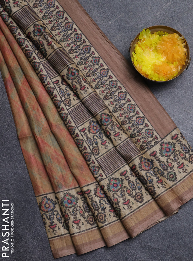 Art tussar saree sandal and beige with allover geomatric prints and patola printed border
