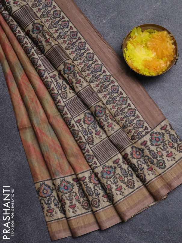 Art tussar saree sandal and beige with allover geomatric prints and patola printed border