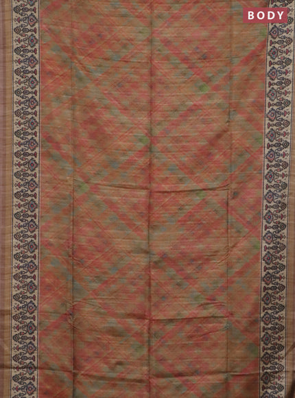 Art tussar saree sandal and beige with allover geomatric prints and patola printed border