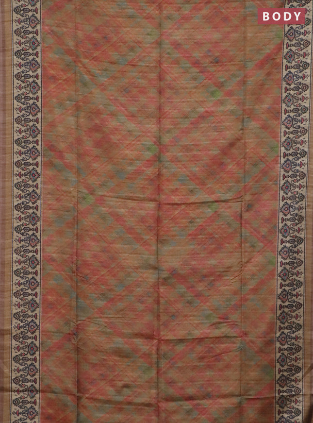 Art tussar saree sandal and beige with allover geomatric prints and patola printed border