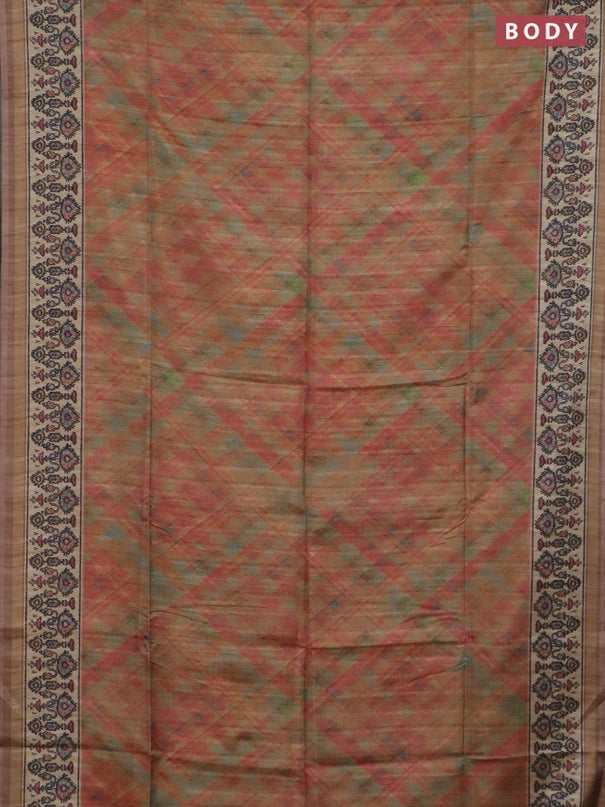 Art tussar saree sandal and beige with allover geomatric prints and patola printed border