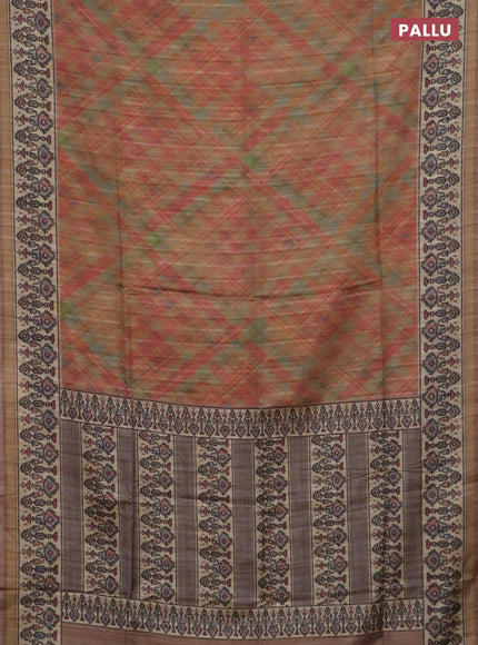 Art tussar saree sandal and beige with allover geomatric prints and patola printed border