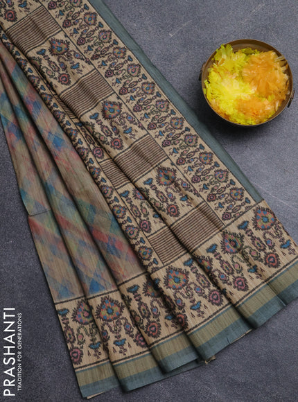 Art tussar saree grey and beige with allover geomatric prints and patola printed border