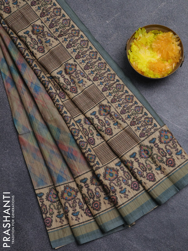 Art tussar saree grey and beige with allover geomatric prints and patola printed border