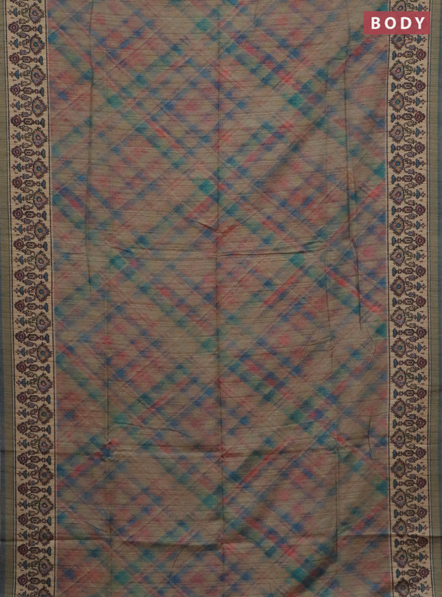 Art tussar saree grey and beige with allover geomatric prints and patola printed border