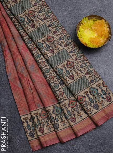 Art tussar saree peach shade and beige with allover geomatric prints and patola printed border
