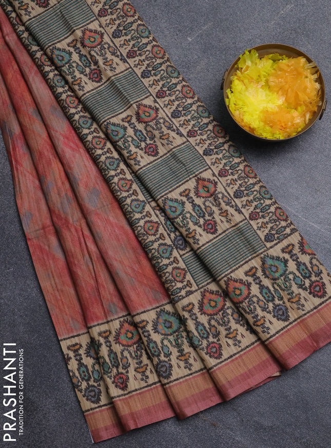 Art tussar saree peach shade and beige with allover geomatric prints and patola printed border