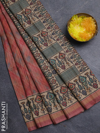 Art tussar saree peach shade and beige with allover geomatric prints and patola printed border