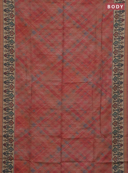 Art tussar saree peach shade and beige with allover geomatric prints and patola printed border
