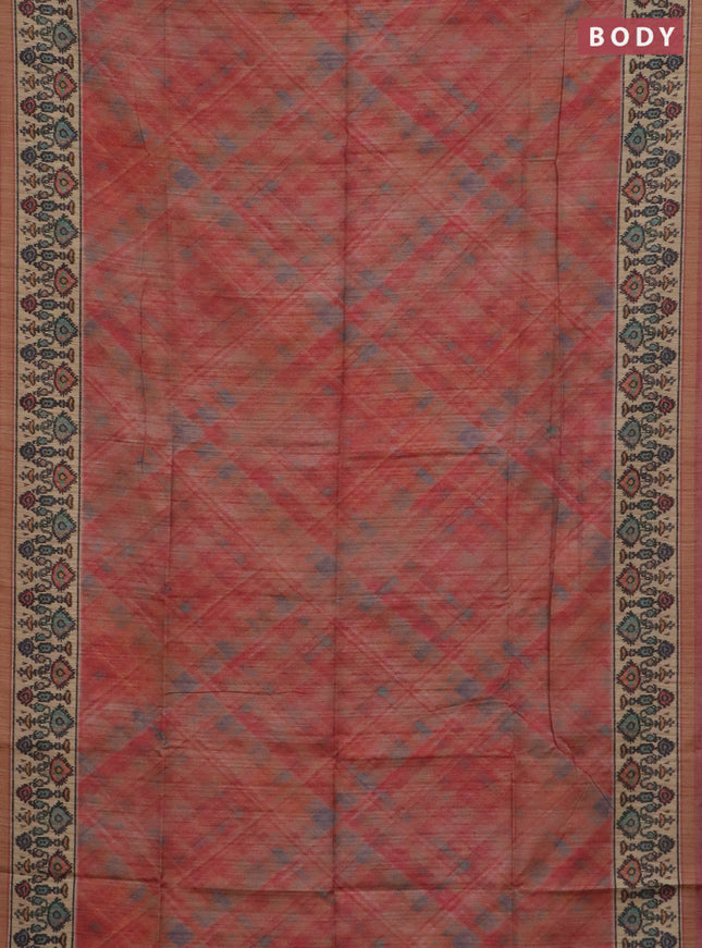 Art tussar saree peach shade and beige with allover geomatric prints and patola printed border