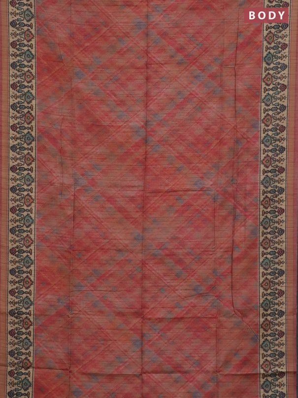 Art tussar saree peach shade and beige with allover geomatric prints and patola printed border