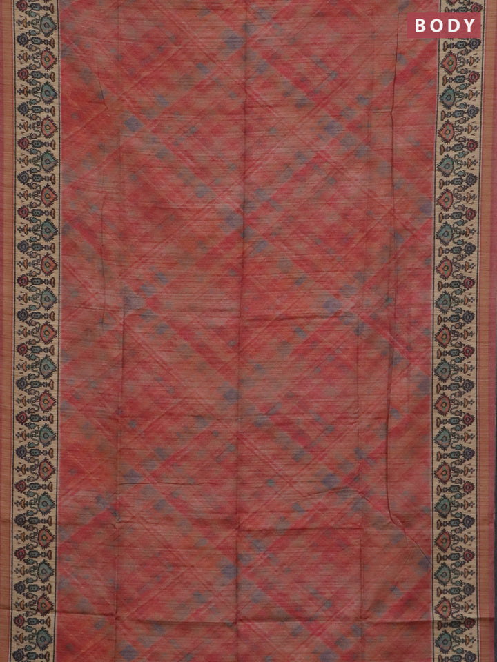Art tussar saree peach shade and beige with allover geomatric prints and patola printed border