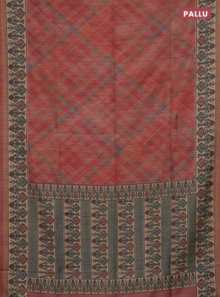 Art tussar saree peach shade and beige with allover geomatric prints and patola printed border