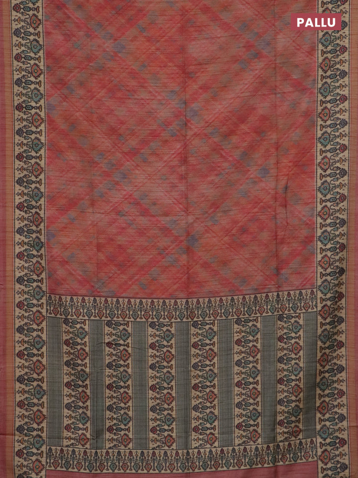Art tussar saree peach shade and beige with allover geomatric prints and patola printed border