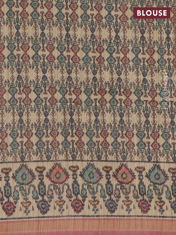 Art tussar saree peach shade and beige with allover geomatric prints and patola printed border