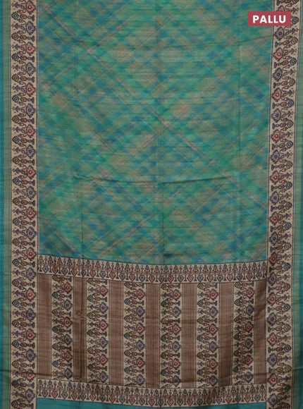 Art tussar saree teal blue and beige with allover geomatric prints and patola printed border