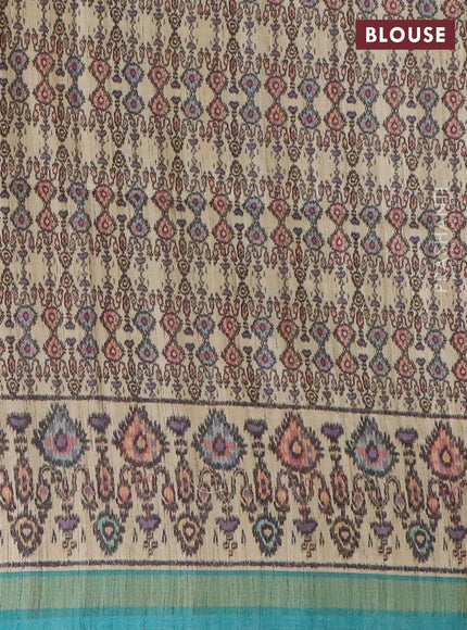 Art tussar saree teal blue and beige with allover geomatric prints and patola printed border