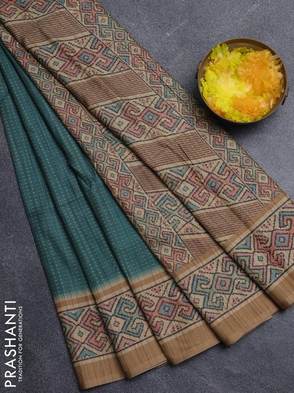 Art tussar saree green and sandal with allover prints and patola printed border