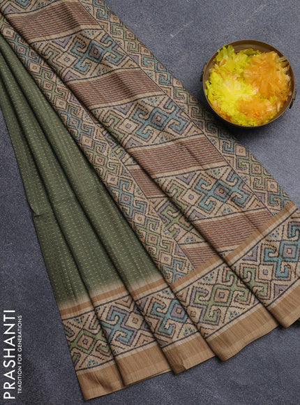 Art tussar saree mehendi green and sandal with allover prints and patola printed border