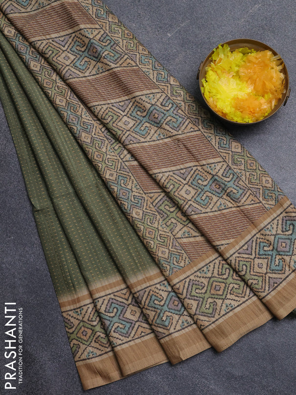 Art tussar saree mehendi green and sandal with allover prints and patola printed border