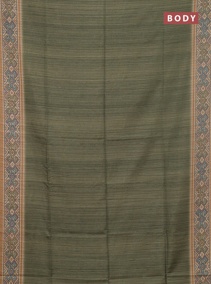 Art tussar saree mehendi green and sandal with allover prints and patola printed border