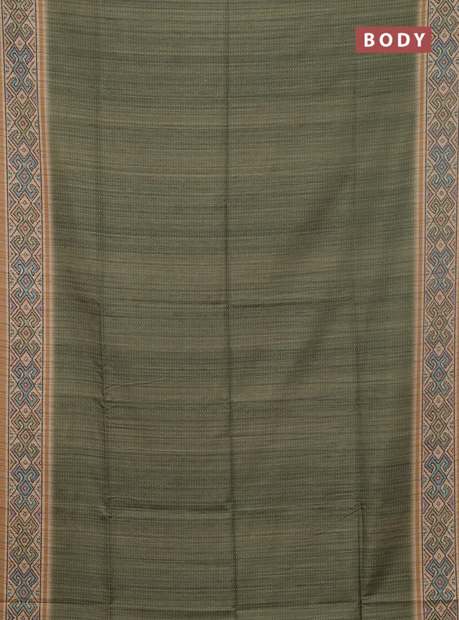 Art tussar saree mehendi green and sandal with allover prints and patola printed border
