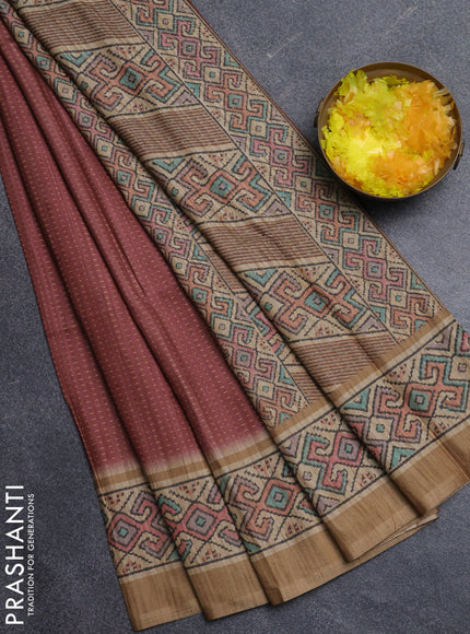Art tussar saree maroon and sandal with allover prints and patola printed border