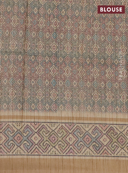 Art tussar saree teal blue and sandal with allover prints and patola printed border