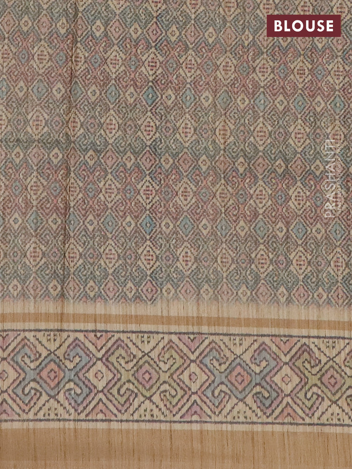 Art tussar saree teal blue and sandal with allover prints and patola printed border