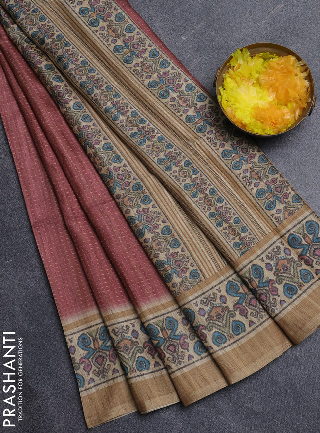 Art tussar saree maroon and beige with allover prints and patola printed border