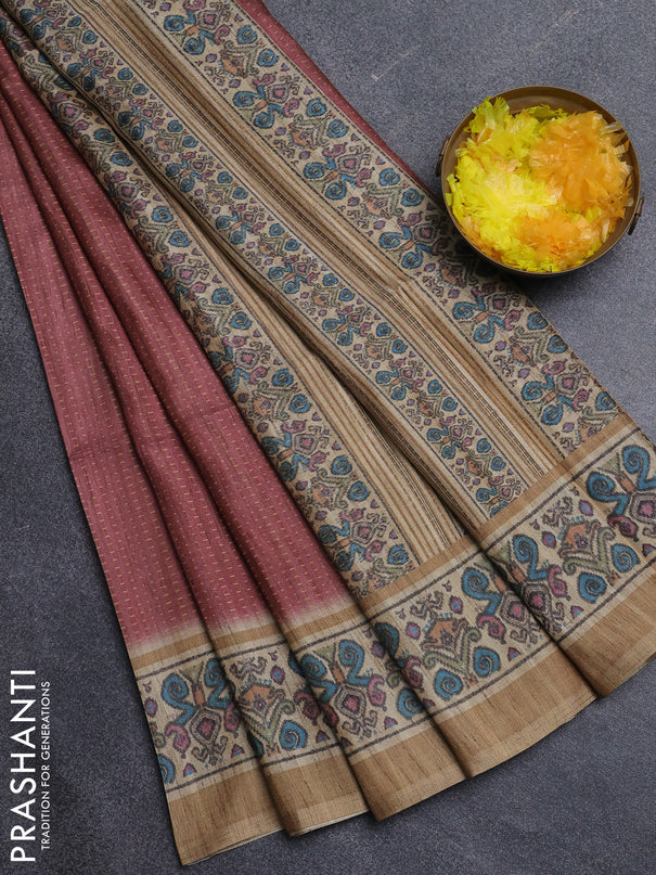 Art tussar saree maroon and beige with allover prints and patola printed border