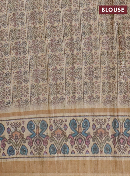 Art tussar saree maroon and beige with allover prints and patola printed border