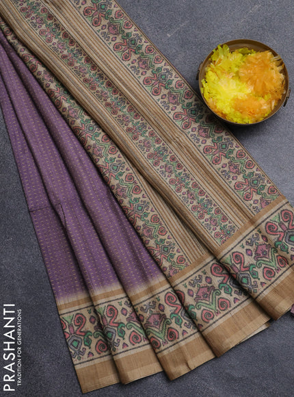 Art tussar saree pastel purple and beige with allover prints and patola printed border