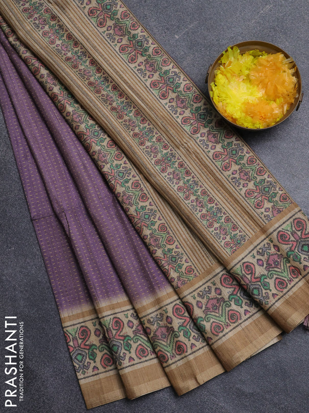Art tussar saree pastel purple and beige with allover prints and patola printed border
