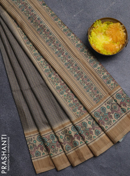 Art tussar saree grey and beige with allover prints and patola printed border