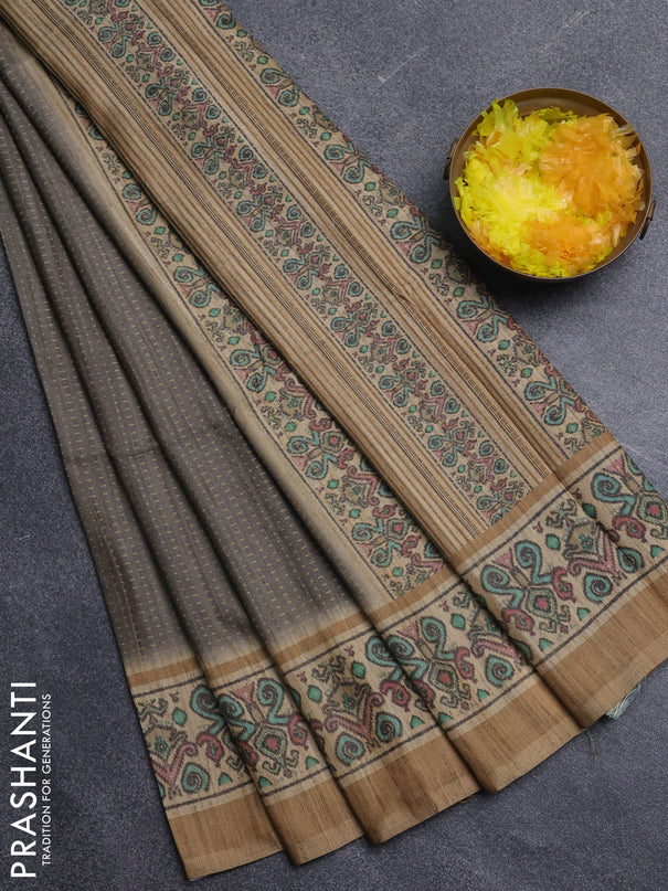 Art tussar saree grey and beige with allover prints and patola printed border