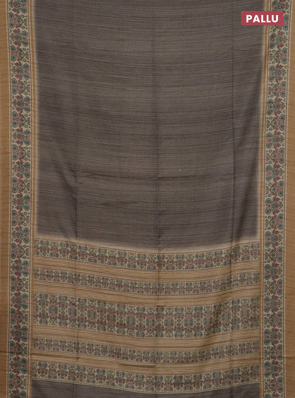 Art tussar saree grey and beige with allover prints and patola printed border