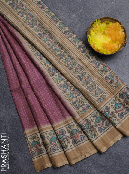 Art tussar saree wine shade and beige with allover prints and patola printed border