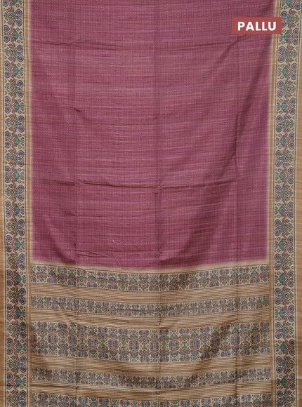 Art tussar saree wine shade and beige with allover prints and patola printed border