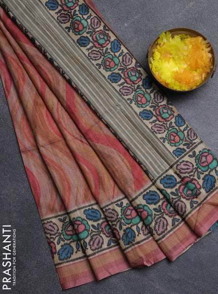 Art tussar saree peach pink and beige with plain body and patola printed border