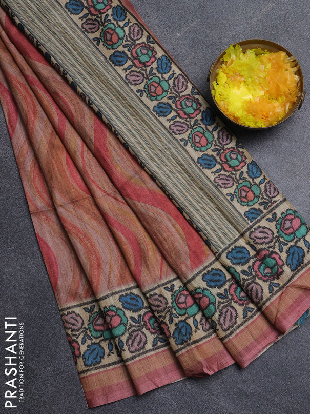 Art tussar saree peach pink and beige with plain body and patola printed border